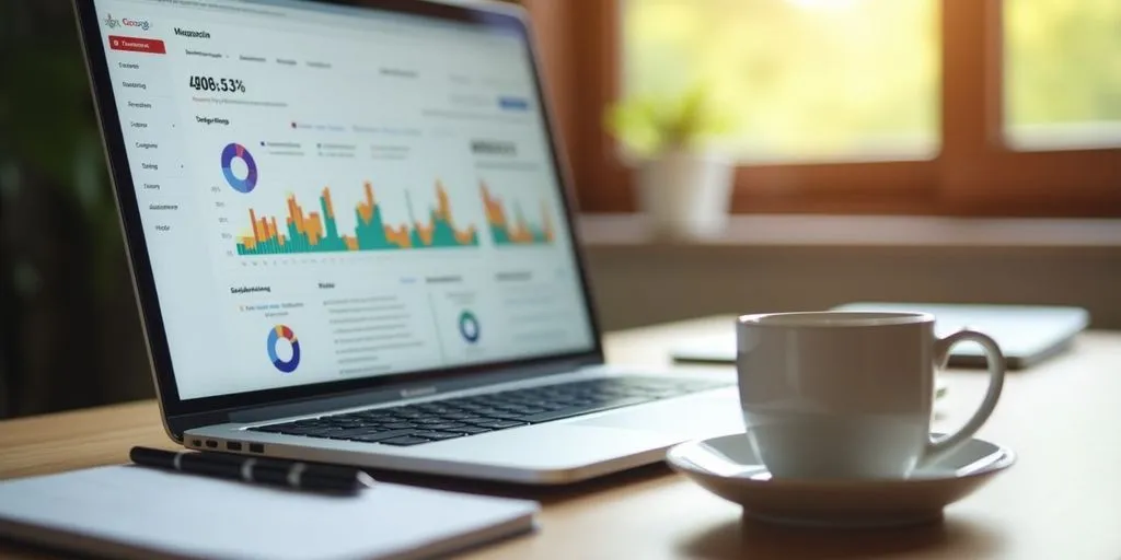 Digital marketing workspace with laptop and coffee cup.
