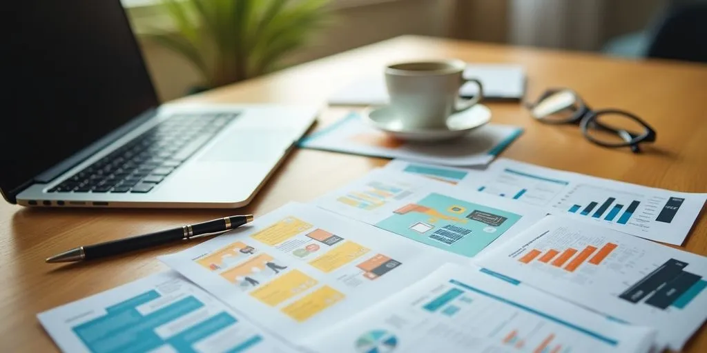 A workspace with a laptop and marketing materials.