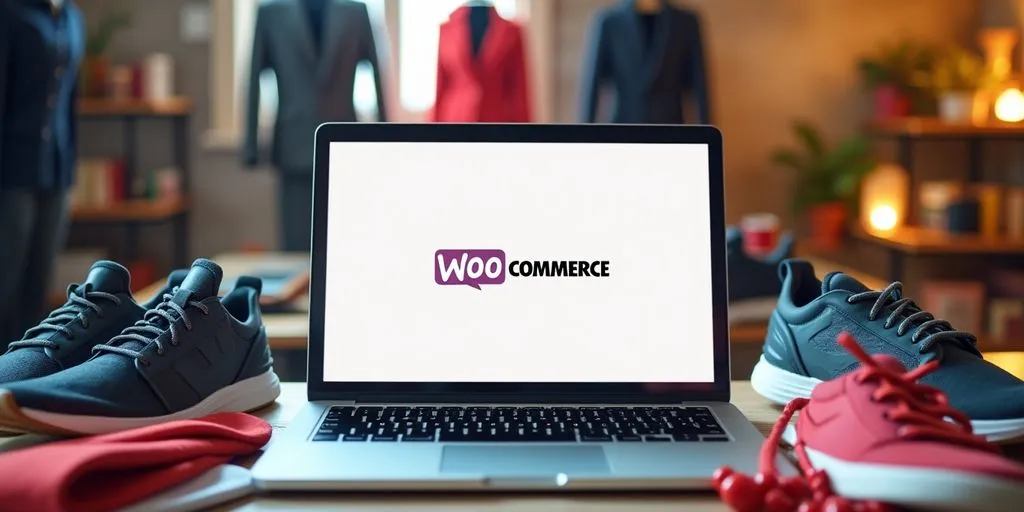 Laptop with WooCommerce interface and dropshipping products.