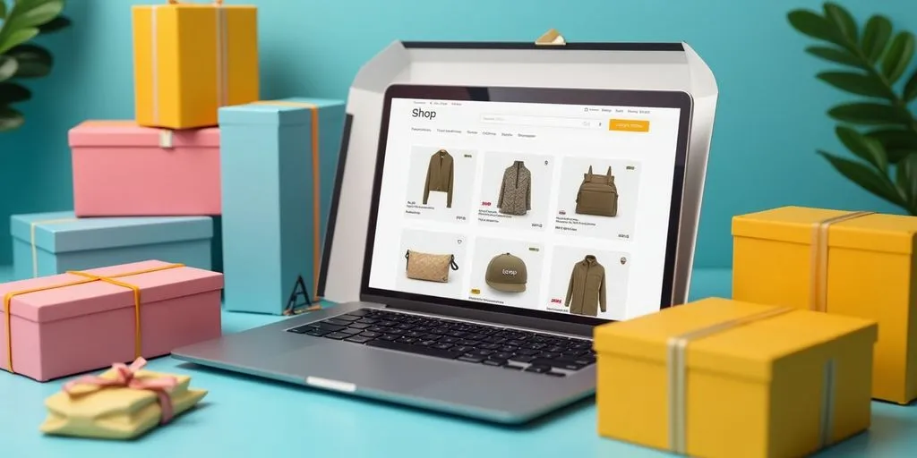Modern ecommerce setup with laptop and product packaging.