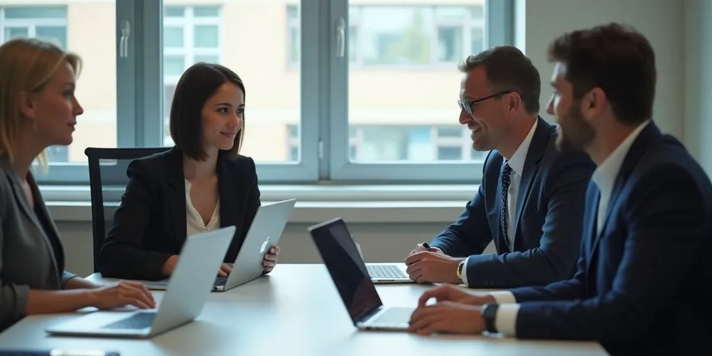 Business people collaborating in a modern office meeting.