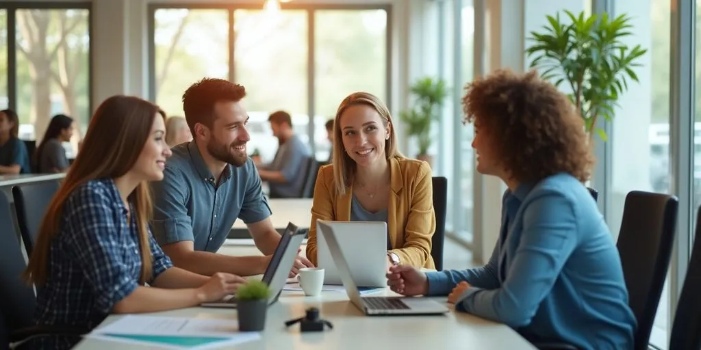 Modern office with employees collaborating in a bright space.