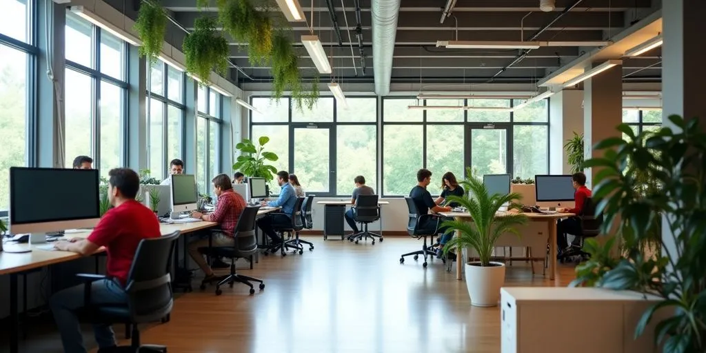 Employees collaborating in a vibrant modern office space.