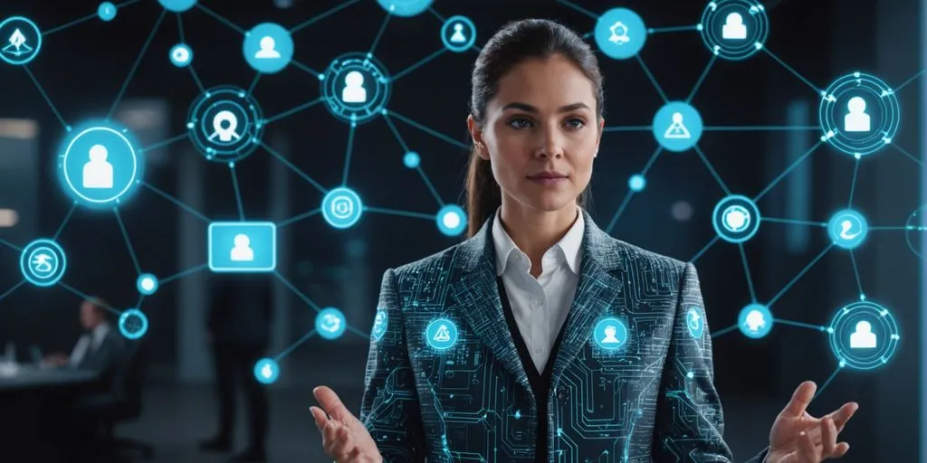 Business professional with AI interface and security icons.