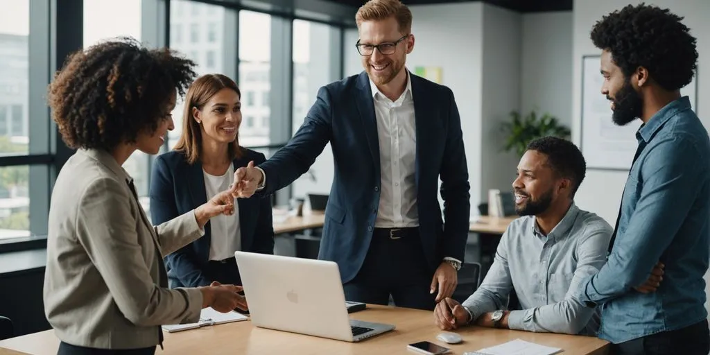 Diverse team discussing around a laptop in an office.