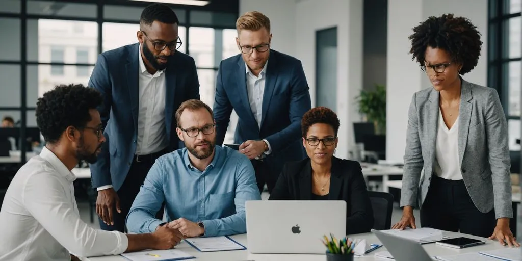 Diverse team collaborating in a modern office.
