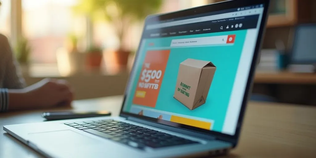 Laptop showing e-commerce website in a bright workspace.