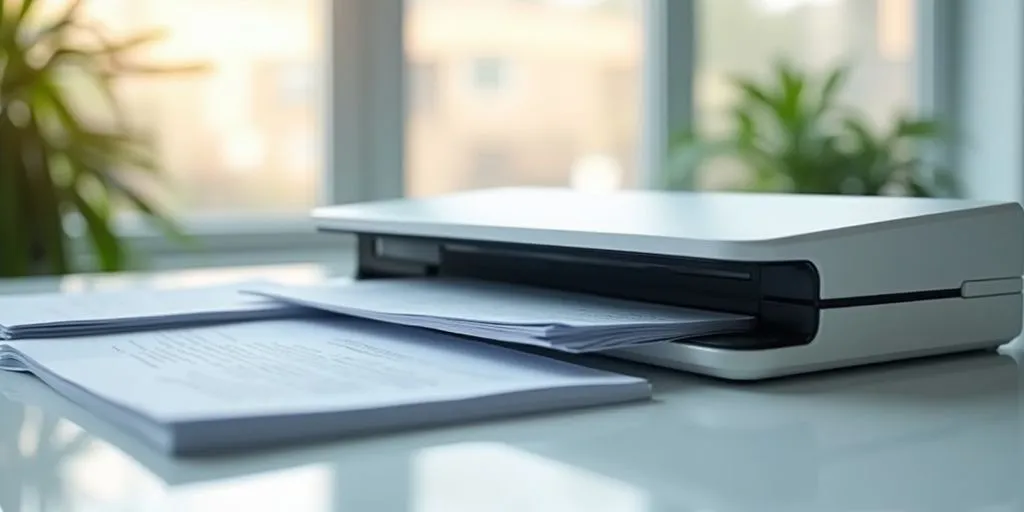 Document scanner in a bright office setting.