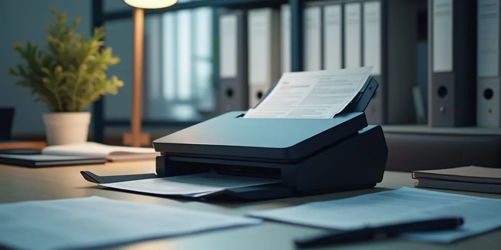 Modern document scanner in a tidy office setting.