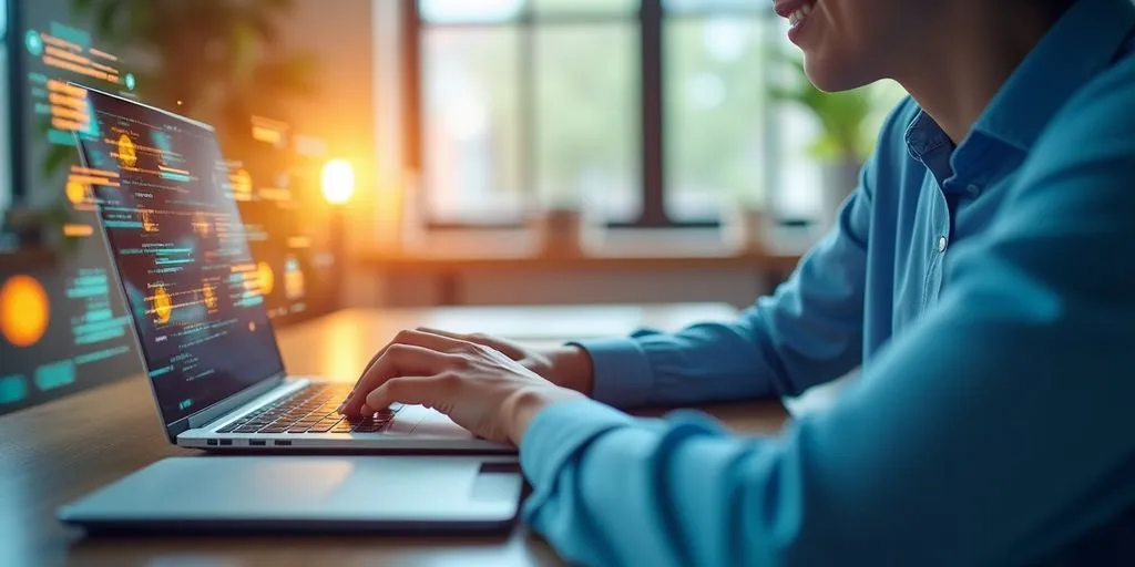 Person using laptop in a bright, modern workspace.