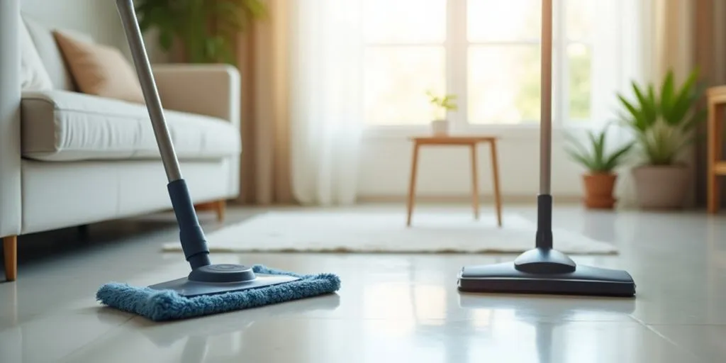Clean living room with cleaning tools and bright surfaces.