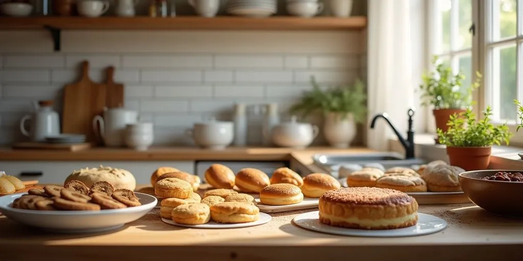 Home kitchen filled with freshly baked goods and tools.