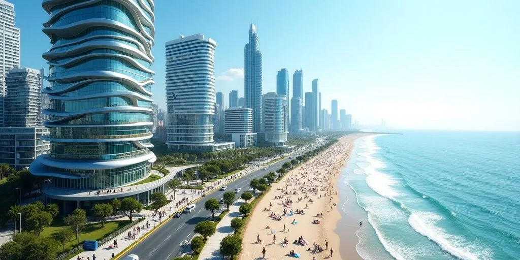 Tel Aviv cityscape with modern buildings and coastline.