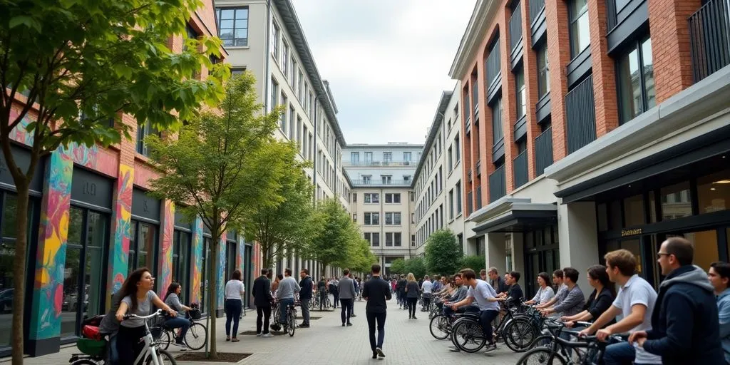 Berlin startup scene with modern buildings and young professionals.