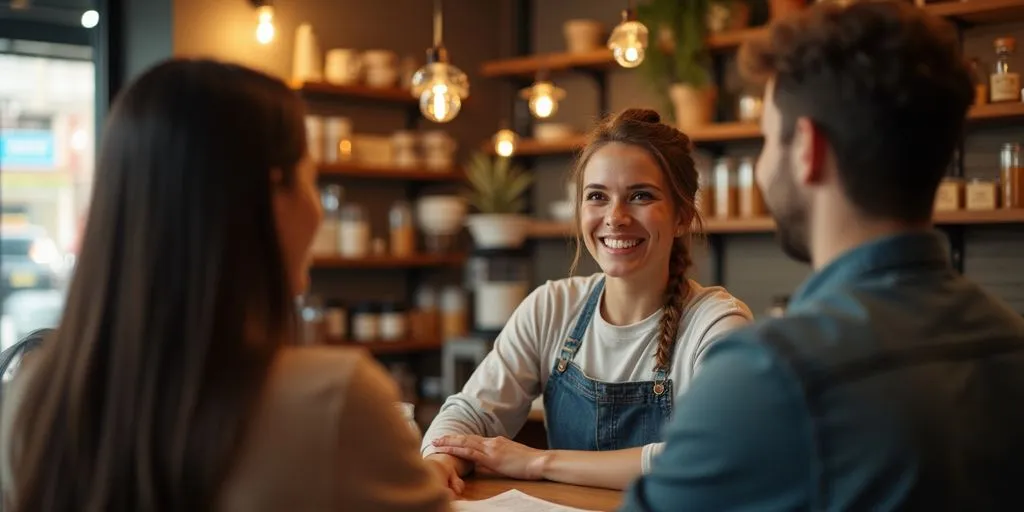 Small business owner engaging with customers in a shop.