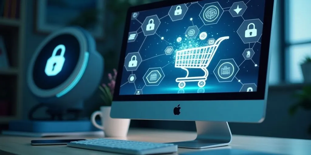 Computer screen with shopping cart and security icons.