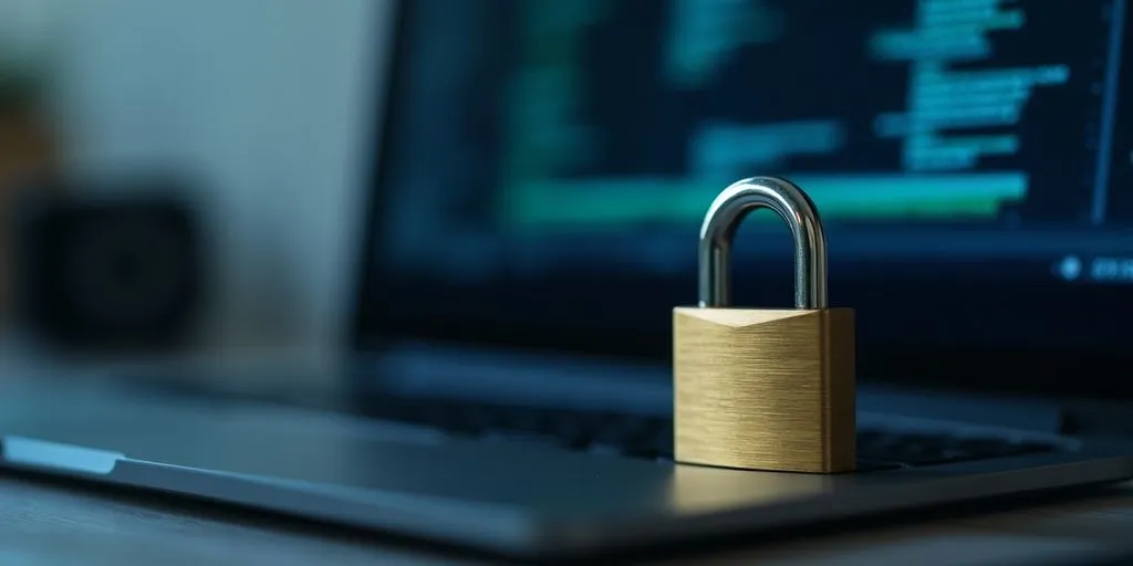 Digital padlock on laptop keyboard, symbolising data security.