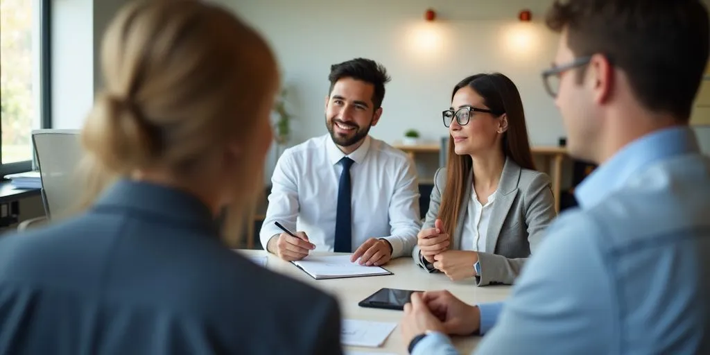 Real estate agent engaging with clients in an office.
