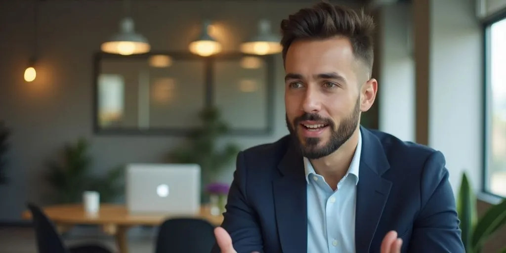 Confident entrepreneur in a modern office setting.