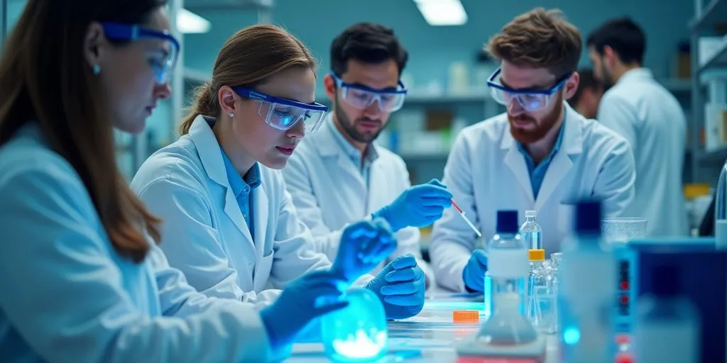 Scientists collaborating in a modern biotechnology lab.