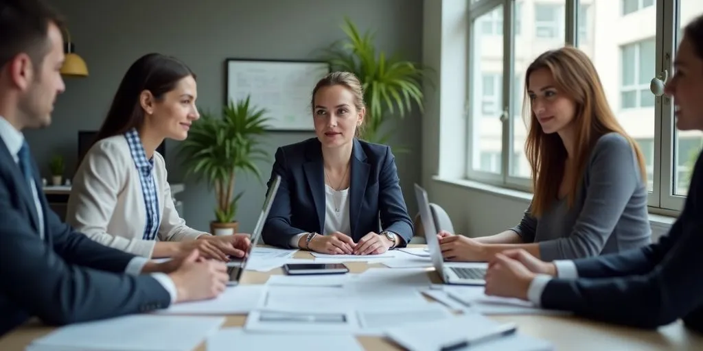 Business team collaborating in an office meeting.