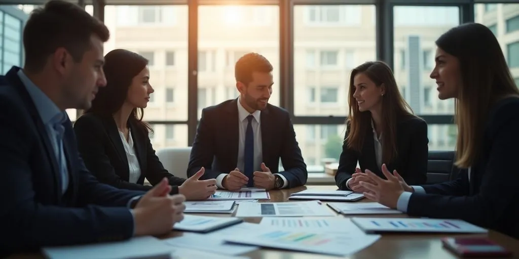 Business professionals collaborating in a modern office setting.