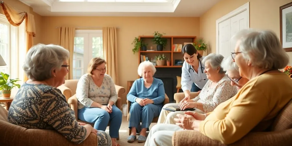Group home residents and caregivers engaged in activities together.
