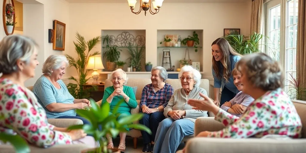 Staff and residents enjoying a warm group home environment.