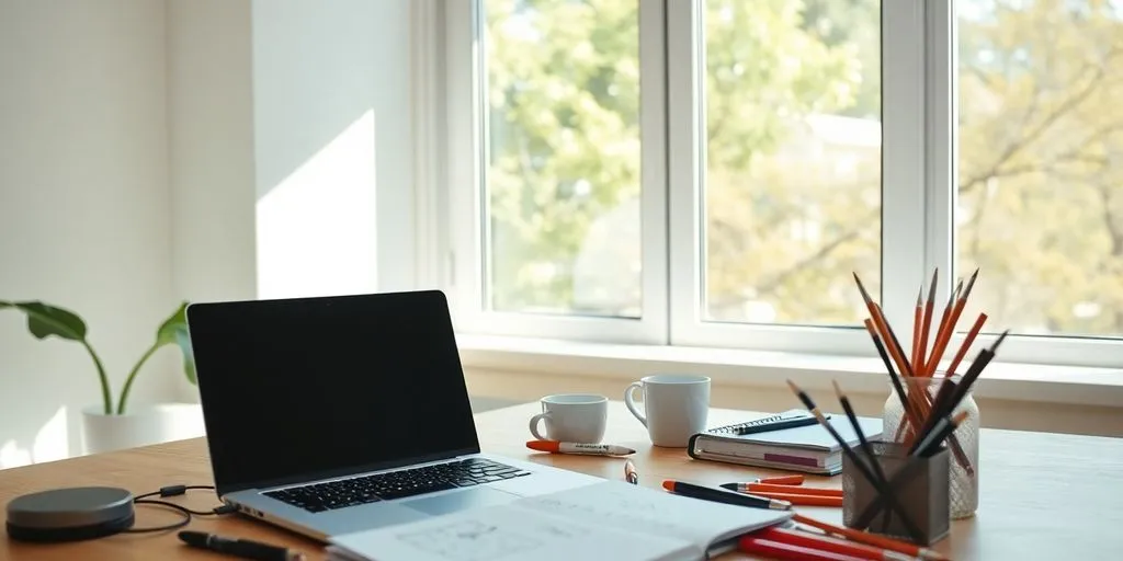 Creative workspace with laptop and artistic tools.