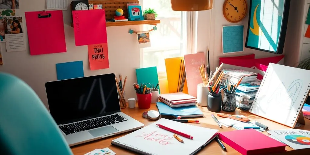 Creative workspace with laptop and artistic materials.