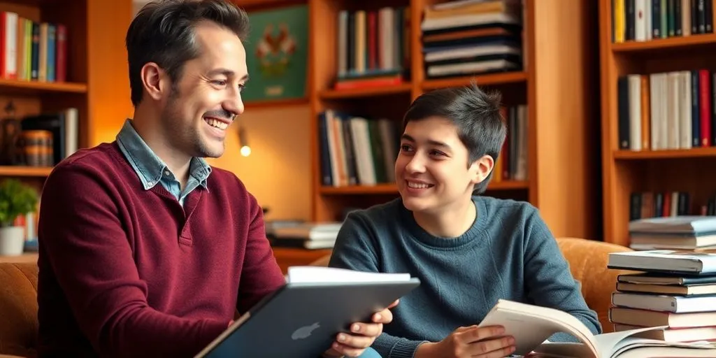 Language tutor helping a student in a study setting.