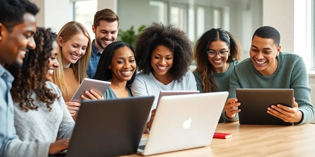 Group of people participating in online surveys on devices.