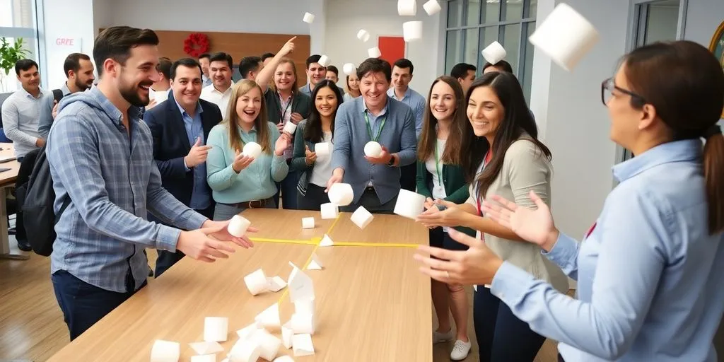 Employees engaged in competitive office games and activities.