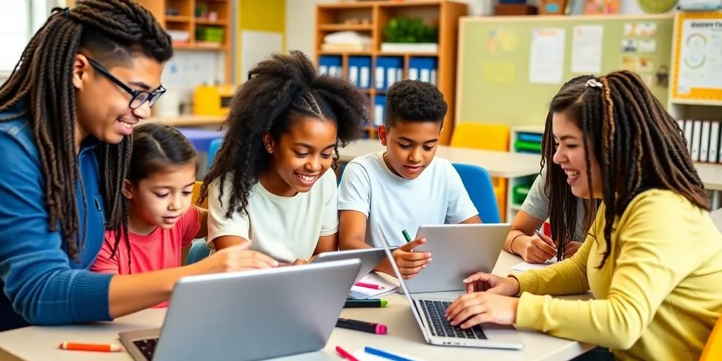 Students collaborating with technology in a modern classroom.