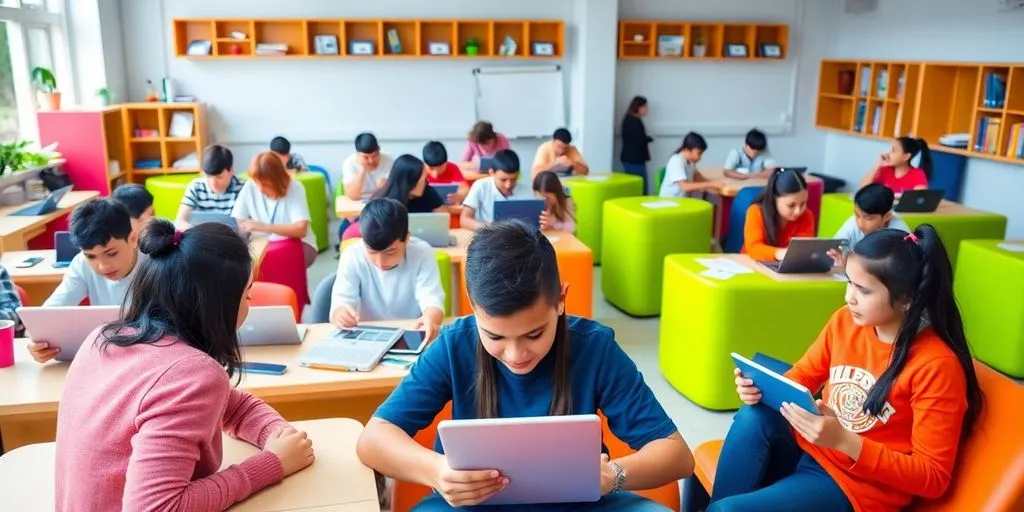 Students using technology in a modern classroom setting.