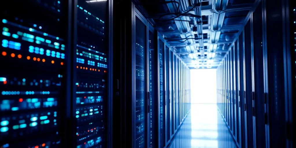 Modern datacentre with illuminated servers and cables.