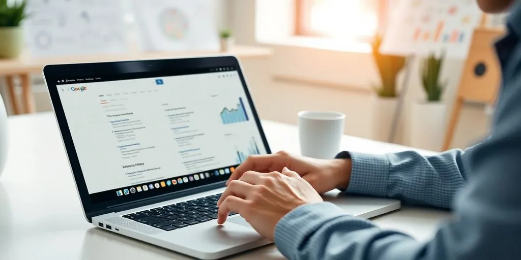 Digital marketer optimising web pages for SEO on laptop.