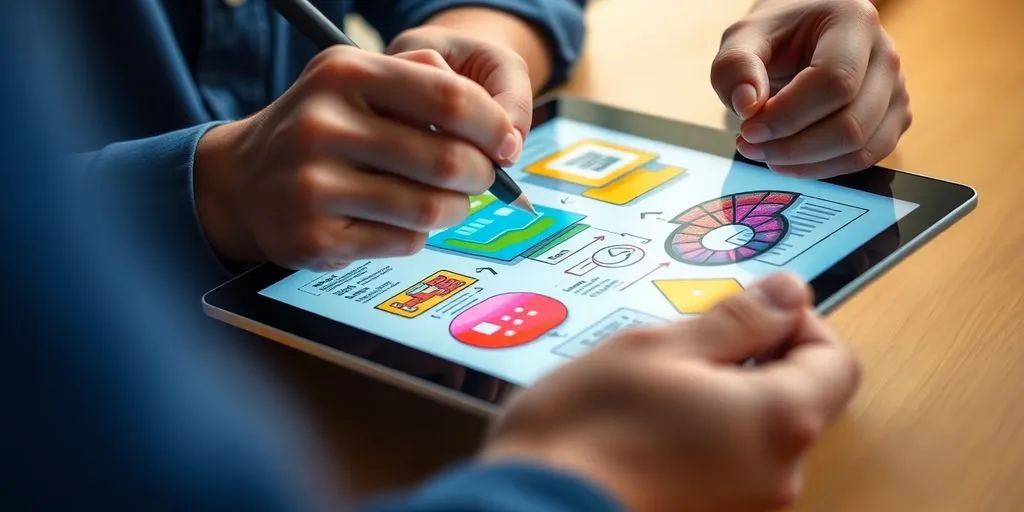 Designer sketching user interface on a tablet.
