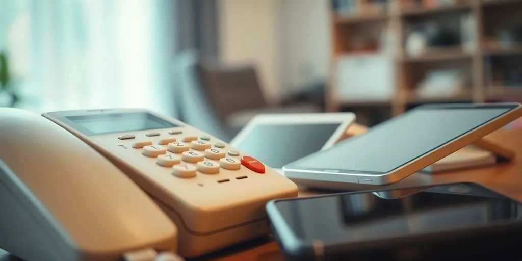 Landline phone and digital devices on a table.