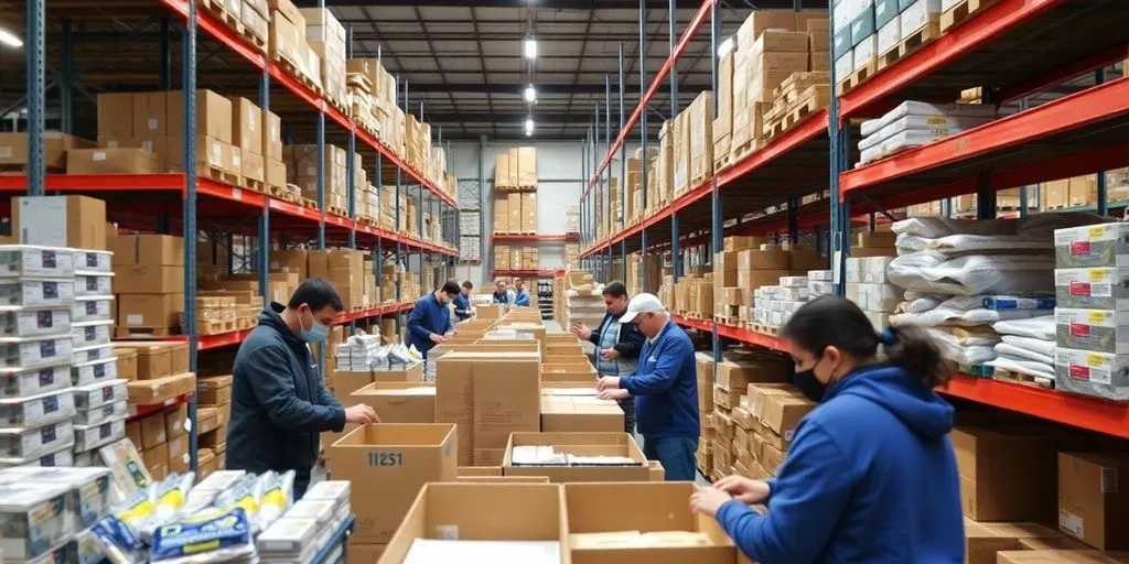 Workers in a fulfilment centre packing orders for shipment.