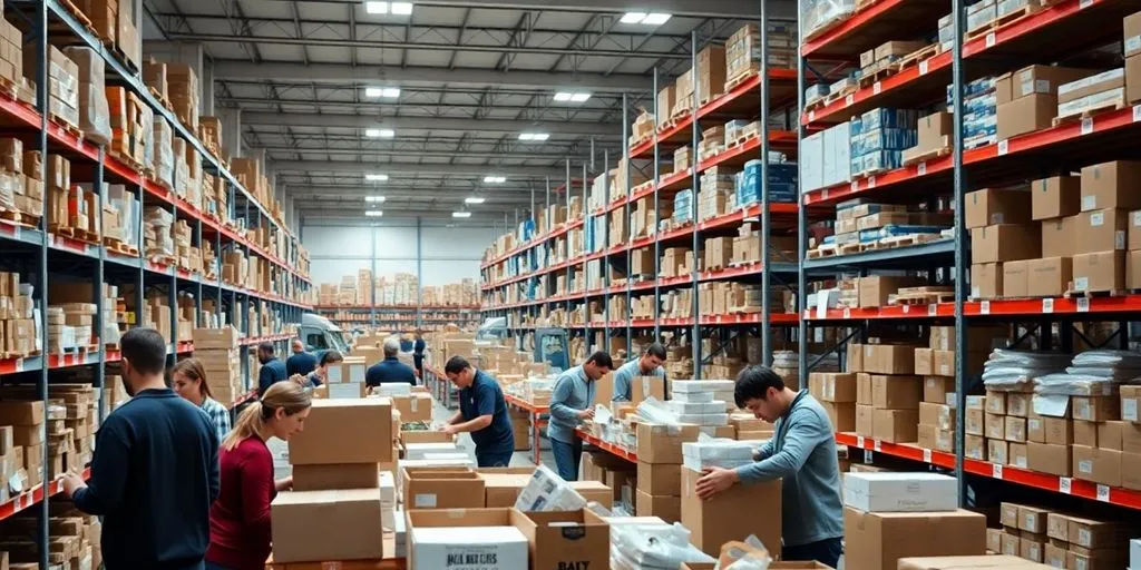 Workers in a busy fulfilment centre packing orders.