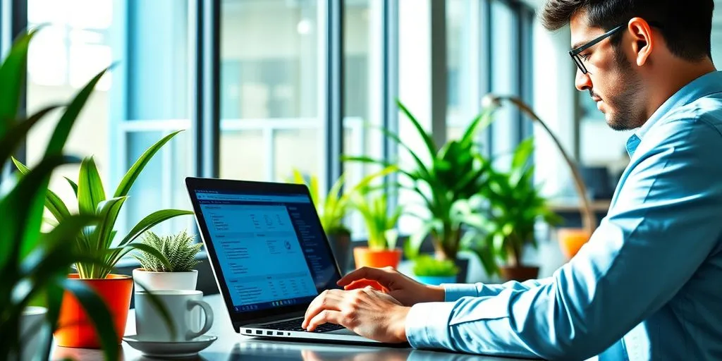 Person working on a laptop in a bright office.