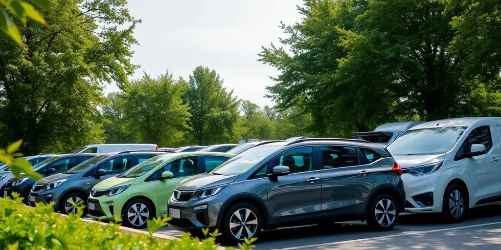 Eco-friendly vehicles in a green environment for business.