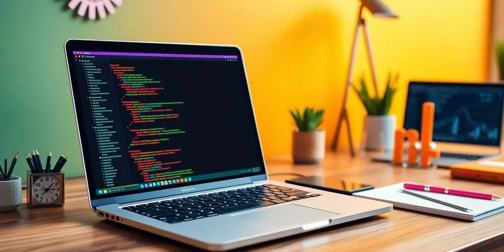 Web development workspace with laptop and design elements.