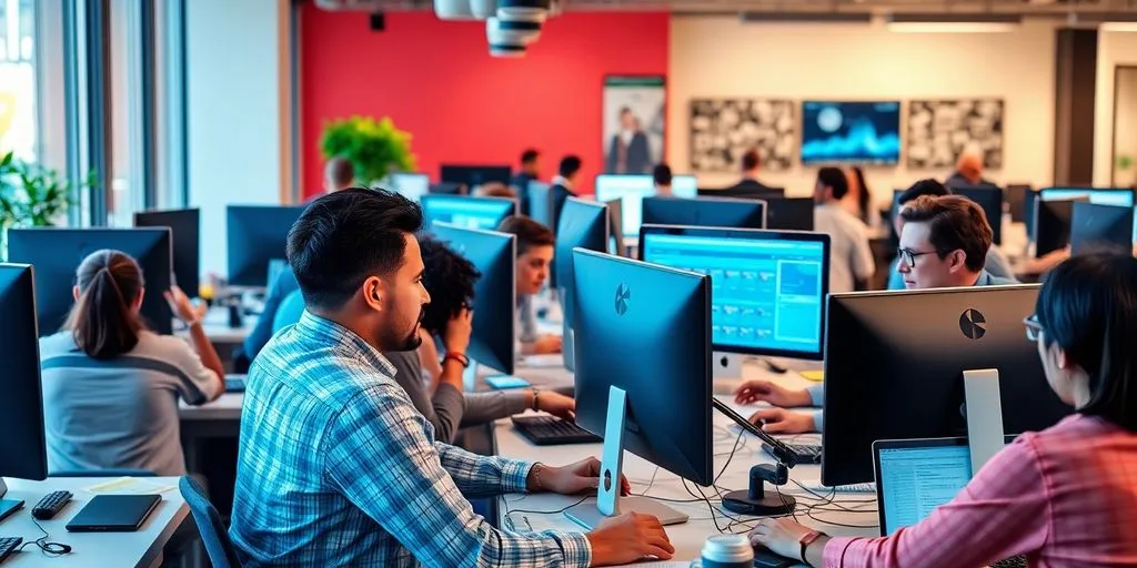 Office scene with professionals collaborating on web development.