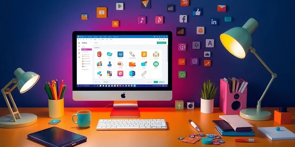 An inspiring workspace with design tools and vibrant icons.