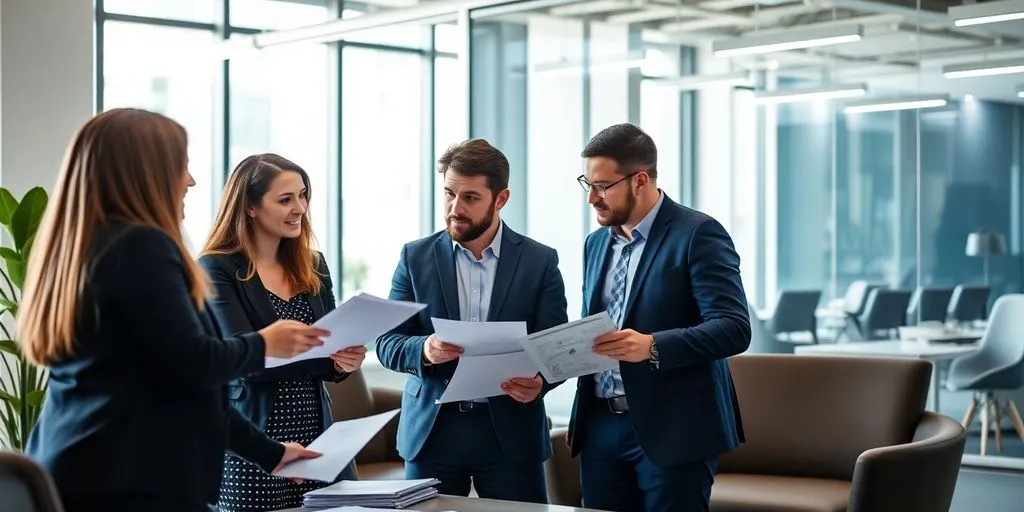 Business team discussing funding strategies in office.