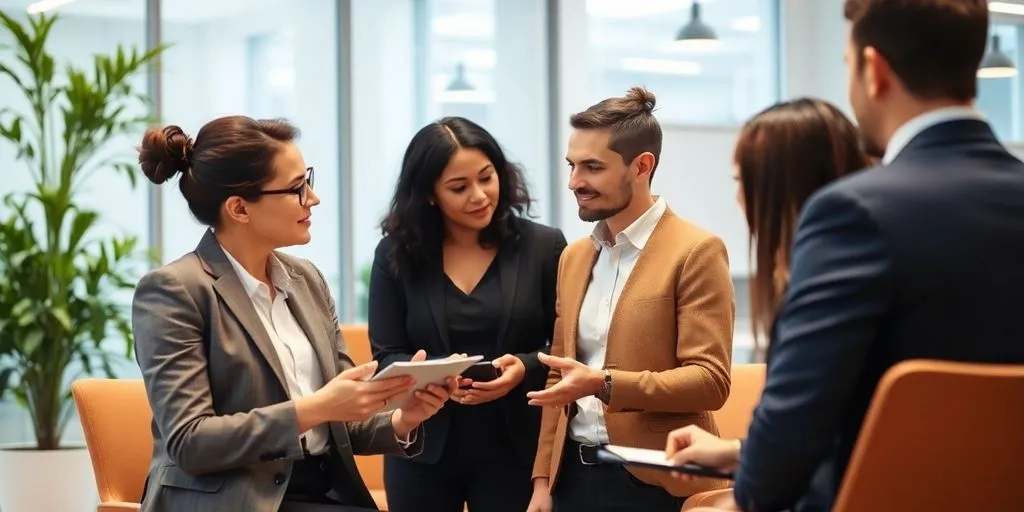 Recruiter consulting with clients in a modern office.