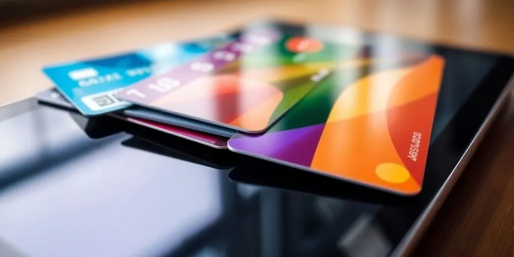 Close-up of colourful payment cards on a digital device.