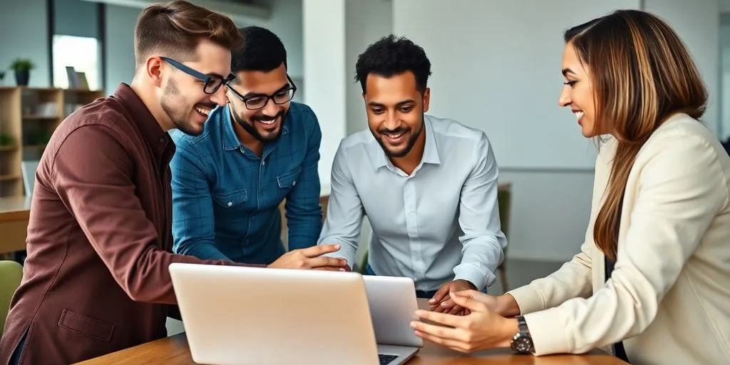 Diverse marketers collaborating in a professional office setting.